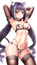 1girl 3: absurdres animal_ear_fluff animal_ears armpits arms_behind_head arms_up black_choker black_hair blush bra breasts brown_gloves brown_thighhighs cat_ears cat_girl cat_tail choker cleavage collarbone contrapposto cowboy_shot drill_hair elbow_gloves embarrassed fishnet_thighhighs fishnets frown gloves green_eyes highres karyl_(princess_connect!) lingerie long_hair looking_at_viewer low_twintails medium_breasts multi-strapped_panties multicolored_hair navel panties princess_connect! purple_hair shy side-tie_panties simple_background skindentation solo standing stomach strapless strapless_bra streaked_hair string_panties sunhyun tail tail_raised thighhighs twin_drills twintails underwear underwear_only very_long_hair white_background white_bra white_panties