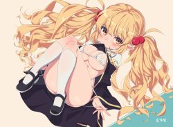 1girl absurdres beige_background bikini bikini_pull black_shoes blonde_hair blush breasts clothes_lift clothes_pull commission cross cross_necklace dress dress_lift dungeon_and_fighter hair_bobbles hair_ornament hair_spread_out highres jewelry kneehighs knees_up long_hair looking_at_viewer medium_breasts mouth_hold necklace orange_eyes pointy_ears pulling_own_clothes sando_(dukedevil) shoes socks solo string_bikini swimsuit twintails very_long_hair wavy_hair white_bikini white_socks wide_sleeves