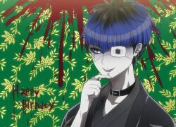 1boy black_hair blood blood_splatter blue_eyes blue_hair collar collarbone english_text eyepatch face_piercing hand_up highres japanese_clothes lip_piercing male_focus matching_hair/eyes multicolored_hair omokage_yugamu one_eye_covered piercing solo teeth the_hundred_line_-last_defense_academy- upper_teeth_only