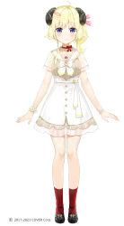 1girl 2017 2021 animal_ears arms_at_sides blonde_hair choker company_name copyright_notice curled_horns dress fuumi_(radial_engine) hair_ornament hair_ribbon hairpin hololive horns mary_janes official_alternate_costume official_art purple_eyes red_legwear ribbon ribbon_choker see-through_clothes see-through_sleeves sheep_ears sheep_girl sheep_horns shoes short_hair simple_background solo standing tsunomaki_watame tsunomaki_watame_(street_casual) virtual_youtuber white_background