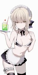 1girl absurdres apron artoria_pendragon_(fate) bare_shoulders bikini black_bikini black_ribbon black_skirt black_thighhighs blonde_hair blush braid breasts choker cleavage cup drinking_straw fate/grand_order fate_(series) food frilled_choker frilled_thigh_strap frills hair_bun hair_ribbon highres ice ice_cream ice_cream_float ice_cube long_hair looking_at_viewer maid maid_bikini maid_headdress mati5572 mug navel ribbon saber_alter saber_alter_(swimsuit_rider) saber_alter_(swimsuit_rider)_(second_ascension) sidelocks skirt small_breasts soda solo swimsuit thigh_strap thighhighs thighs unconventional_maid waist_apron white_apron yellow_eyes