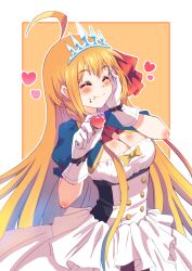 1girl absurdres ahoge breasts chewing closed_eyes closed_mouth commentary_request gloves hair_ribbon heart highres large_breasts long_hair orange_hair partial_commentary pecorine_(princess_connect!) princess_connect! rabenga red_ribbon ribbon shrug_(clothing) skirt solo tiara