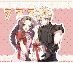 1boy 1girl aerith_gainsborough armor artist_name bangle black_footwear black_gloves blonde_hair blue_eyes blush box bracelet braid braided_ponytail breasts brown_hair cat_princess choker cleavage closed_mouth cloud_strife cowboy_shot cropped_jacket dress final_fantasy final_fantasy_vii final_fantasy_vii_rebirth final_fantasy_vii_remake flower_choker gift gift_box gloves green_eyes hair_ribbon holding holding_another&#039;s_arm holding_box holding_gift jacket jewelry long_dress long_hair looking_at_viewer medium_breasts open_mouth parted_bangs pink_background pink_dress pink_ribbon polka_dot polka_dot_background red_jacket ribbon short_hair short_sleeves shoulder_armor sidelocks single_bare_shoulder single_braid single_shoulder_pad sleeveless sleeveless_turtleneck smile spiked_hair suspenders swept_bangs turtleneck wavy_hair