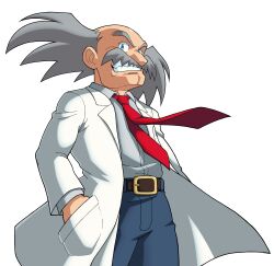 Rule 34 | 1boy, absurdres, belt, blue eyes, blue pants, clenched teeth, commentary, diegodoodles, dr. wily (mega man), english commentary, evil grin, evil smile, facial hair, fang, grey hair, grin, hand in pocket, highres, lab coat, long hair, looking at viewer, mega man (classic), mega man (series), mustache, necktie, official style, old, old man, pants, red necktie, shirt, simple background, smile, solo, teeth, unbuttoned, white background, white shirt