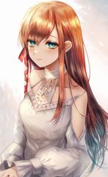 1girl absurdres bare_shoulders blue_eyes collarbone commentary detached_sleeves dress final_fantasy final_fantasy_xiv hair_ribbon halterneck highres hyur light_blush long_hair long_sleeves looking_at_viewer maho_moco orange_hair puffy_long_sleeves puffy_sleeves red_ribbon ribbon ryne_waters sidelocks solo swept_bangs upper_body white_dress