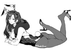1girl animal_ears ass binah_(project_moon) black_eyes black_hair black_leotard bngb_love closed_mouth detached_collar earrings fake_animal_ears fake_tail full_body fur_trim greyscale high_heels highres jewelry leotard library_of_ruina long_hair looking_at_viewer lying mole mole_under_eye monochrome multicolored_hair on_stomach pantyhose playboy_bunny project_moon rabbit_ears rabbit_tail simple_background smile solo strapless strapless_leotard tail white_background wrist_cuffs