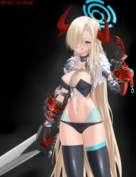 Rule 34 | 1girl, absurdres, armor, armored gloves, asuna (blue archive), bikini armor, black panties, black shirt, black thighhighs, blonde hair, blue archive, blue eyes, blue halo, blush, breasts, chain, chain around arm, chicken dduck, choker, cleavage, demon horns, gloves, grin, hair over one eye, halo, highres, holding, holding sword, holding weapon, horns, large breasts, long hair, looking at viewer, panties, red gloves, shirt, smile, solo, sword, tattoo, thighhighs, underwear, very long hair, weapon