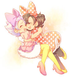 2girls :d ^_^ blush brown_hair closed_eyes commentary_request daisy_duck disney dress eyeshadow friends full_body high_heels hug humanization kiri_futoshi makeup mickey_mouse_&amp;_friends minnie_mouse multiple_girls open_mouth pantyhose partial_commentary polka_dot polka_dot_dress shoes short_hair smile yuri
