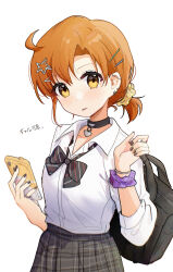 1girl :p absurdres bag bangle black_bag black_bow black_bowtie black_choker black_nails blush bow bowtie bracelet breasts cellphone character_name choker collarbone collared_shirt concept_gyarus_(idolmaster) diagonal-striped_bow diagonal-striped_bowtie diagonal-striped_clothes dot_nose ear_piercing eyelashes forehead grey_skirt gyaru hair_ornament hair_scrunchie hairpin hands_up heart heart_choker highres holding holding_phone idolmaster idolmaster_million_live! idolmaster_million_live!_theater_days jewelry kogal lone_nape_hair looking_at_viewer loose_bowtie nnnn open_collar orange_hair parted_bangs phone piercing plaid_clothes plaid_skirt pleated_skirt ponytail purple_scrunchie school_bag school_uniform scrunchie shirt short_hair short_ponytail silver_bangle silver_bracelet silver_ring simple_background skirt sleeves_rolled_up small_breasts smartphone solo star_(symbol) star_hair_ornament striped_clothes tongue tongue_out upper_body white_background white_shirt wrist_scrunchie yabuki_kana yellow_eyes yellow_scrunchie
