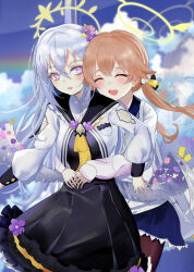 2girls azusa_(blue_archive) blue_archive blush brown_hair cardigan closed_eyes cloud commentary_request feathered_wings flower hair_flower hair_ornament halo hifumi_(blue_archive) highres hug hug_from_behind long_hair long_sleeves looking_to_the_side low_twintails low_wings multiple_girls neckerchief open_mouth pantyhose pink_eyes rainbow sailor_collar skirt sleeve_cuffs twintails very_long_hair white_hair wing_hair_ornament wings zuki_(user_mzpz5848)