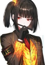 1girl ardor_blossom_star_(e.g.o) black_gloves black_hair bob_cut brown_jacket e.g.o_(project_moon) fire gloves gold_trim highres holding holding_pen jacket lapels lce_(identity)_(project_moon) limbus_company looking_to_the_side pen project_moon red_eyes ryoshu_(project_moon) short_hair side_ponytail simple_background sohdvh_khos_ph solo upper_body white_background
