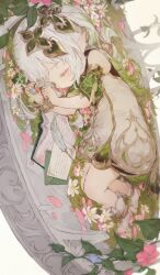 1girl altar book closed_eyes commentary dolphro-kun dress flower full_body genshin_impact gold_trim gradient_hair green_hair hair_ornament holding leaf long_hair lying multicolored_hair nahida_(genshin_impact) on_side open_book pink_flower pointy_ears ponytail quill side_ponytail simple_background sleeping solo stirrup_footwear toeless_footwear white_background white_dress white_flower white_footwear white_hair