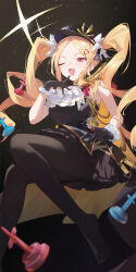 Rule 34 | 1girl, absurdres, armpits, ascot, ass, bare arms, black dress, black gloves, black hat, black pantyhose, blonde hair, breasts, clothes lift, commentary request, dress, dress lift, fang, floating, foot out of frame, gloves, hair ornament, hat, heart, heart hair ornament, highres, large breasts, light rays, long hair, one eye closed, open mouth, opulent strategist (shadowverse), pantyhose, pointing, pointing at self, red eyes, shadowverse, short dress, sleeveless, sleeveless dress, smug, solo, sukaliya, thick thighs, thighs, twintails, very long hair, white ascot