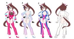 1girl absurdres animal_ears ass black_gloves blue_eyes bow breasts brown_hair chaps full_body gloves hair_bow highleg highleg_leotard highres holographic_clothing horse_ears horse_girl horse_tail iridescent jacket leotard long_hair multicolored_hair multicolored_jacket nipple_piercing nipples piercing pink_bow platform_heels ponytail pussy pussy_piercing race_queen streaked_hair tail tokai_teio_(umamusume) two-tone_hair ugohato umamusume white_hair