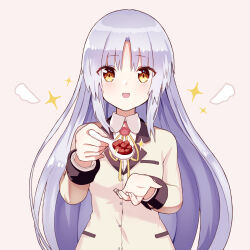 1girl :d angel_beats! blush commentary_request eyes_visible_through_hair fingernails food hair_between_eyes hands_up happy highres holding holding_spoon incoming_food jacket long_hair long_sleeves looking_at_viewer mapo_tofu neck_ribbon open_mouth pink_background pov ribbon school_uniform shira_461 sidelocks simple_background smile solo sparkle spoon straight-on straight_hair tenshi_(angel_beats!) tsurime upper_body very_long_hair white_hair yellow_eyes yellow_jacket yellow_ribbon