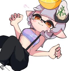 1girl baggy_pants blunt_bangs blush_stickers chain chain_earrings domino_mask dutch_angle food fruit grey_hair hands_up lemon lemon_slice long_hair looking_at_viewer marie_(splatoon) marie_(summer_nights)_(splatoon) mask mole mole_under_eye navel official_alternate_costume official_alternate_hairstyle oyster pants pointy_ears smile solo strap_gap strapless suspenders tentacle_hair tube_top white_background yellow_eyes