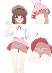 Rule 34 | 1girl, absurdres, accidental exposure, beret, blunt bangs, blush, bow, bow panties, brown eyes, brown hair, brown hat, commission, constricted pupils, embarrassed, hat, highres, looking at viewer, multiple views, neck ribbon, open mouth, panties, pantyshot, pink ribbon, pink skirt, polka dot, polka dot panties, ribbon, saionji (tanakeda), schwarz rubin, shirt, short hair, skirt, tanaka-kun wa itsumo kedaruge, transparent background, underwear, upskirt, waving, white panties, white shirt, wind, wind lift