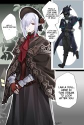 1boy 1girl absurdres arknights bloodborne cosplay cowboy_shot doctor_(arknights) english_text full_body gladiia_(arknights) hair_over_one_eye hat highres plain_doll plain_doll_(cosplay) red_eyes speech_bubble white_hair yazu_(zoddiacz)