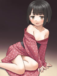 1girl bare_shoulders black_hair blush breasts brown_background brown_eyes collarbone commentary_request gradient_background highres japanese_clothes kimono loli long_sleeves looking_at_viewer meow_(nekodenki) off_shoulder open_mouth original red_kimono short_hair sitting small_breasts smile solo