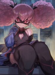 1girl black_leotard black_mask black_skirt boku_no_hero_academia breasts cityscape commentary_request earrings haneyama_kazuho highres jewelry leotard looking_at_viewer low_wings m0_chi outdoors pink_eyes pink_hair pink_trim skirt small_breasts smile solo superhero_costume vigilante_-boku_no_hero_academia:_illegals- wings
