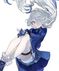 1girl absurdres blue_eyes blue_gemstone blue_gloves blue_hair c4c7h closed_mouth commentary furina_(genshin_impact) gem genshin_impact gloves hair_between_eyes hair_over_one_eye highres jacket long_hair long_sleeves shorts simple_background socks solo thigh_strap very_long_hair white_background white_gloves white_hair white_shorts white_socks