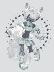 1boy animal_ear_fluff animal_ear_piercing animal_ears aqua_belt aqua_eyes aqua_shorts aqua_sweater black_skin colored_sclera colored_skin commentary cropped_sweater dated_commentary eyes_visible_through_hair fangs full_body grey_background grey_sclera hair_over_one_eye highres hood hood_down hooded_jacket jacket leg_up leg_warmers long_sleeves male_focus open_clothes open_jacket open_mouth original outstretched_arms ozureiji ribbed_sweater shoes shorts single_leg_warmer single_sock sleeveless sleeveless_sweater smile socks solo spread_arms sweater symbol-only_commentary tail turtleneck turtleneck_sweater white_jacket white_leg_warmers white_shoes white_socks