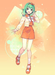 1girl :d a.i._voice argyle_cardigan argyle_clothes black_choker blush choker commentary_request frilled_sailor_collar frills full_body green_eyes green_hair gumi gumi_(a.i._voice) hair_ribbon hairband highres jacket long_hair long_sleeves nou_(nounknown) open_clothes open_jacket open_mouth orange_shoes orange_theme puffy_long_sleeves puffy_sleeves red_hairband red_ribbon red_sailor_collar red_shirt red_shoes red_skirt ribbon sailor_collar shirt shoes skirt smile socks solo teeth upper_teeth_only vocaloid white_socks