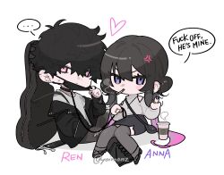 Rule 34 | ..., 1boy, 1girl, :/, angry, bag, black hair, black jacket, black nails, black skirt, black thighhighs, chibi, chibi only, cigarette, clenched hand, clothing cutout, collar, cup, disposable cup, english text, full body, hair between eyes, hand on lap, heart, hetero, highres, jacket, jacket partially removed, jewelry, looking at viewer, mask, mask pull, messy hair, middle finger, mouth mask, original, pink eyes, pink nails, purple eyes, ring, shirt, short hair, shoulder bag, shoulder cutout, side ponytail, sidelocks, simple background, sitting, sitting on leg, skirt, smoking, speech bubble, sweatdrop, thighhighs, turtleneck, violin case, white background, white shirt, yoimon, zettai ryouiki