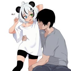 1boy 1girl animal_ears black_hair black_shorts black_thighhighs blue_eyes commentary english_commentary english_text fang green_eyes grey_shirt heterochromia highres indie_virtual_youtuber mikoscrub multicolored_hair oversized_clothes oversized_shirt panda_ears shirt short_hair shorts simple_background single_thighhigh skin_fang thighhighs tinypanda_(vtuber) two-tone_hair white_background white_hair white_shirt