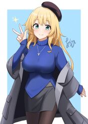 1girl akahi242 alternate_costume atago_(kancolle) beret black_hat black_pantyhose black_skirt blonde_hair blue_sweater breasts cowboy_shot green_eyes hat highres kantai_collection large_breasts long_hair looking_at_viewer miniskirt pantyhose pencil_skirt skirt sleeves_past_wrists smile solo standing sweater turtleneck turtleneck_sweater v very_long_hair