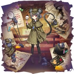 1girl :&lt; ? ?? alternate_costume animal_ears black_necktie black_pantyhose boots brown_boots brown_capelet brown_coat brown_eyes brown_hat candy capelet cheese chess_piece closed_mouth coat collared_shirt deerstalker detective dowsing_rod dress english_text envelope food full_body game_cg grey_hair hat highres holding holding_magnifying_glass holding_with_tail ink inkwell jewelry kurodani_yamame kurodani_yamame_(envoy_from_the_underworld) lace-up_boots long_sleeves looking_at_viewer magnifying_glass mouse_(animal) mouse_ears mouse_girl mouse_tail nazrin nazrin_(genius_mouse_detective) necktie official_art pantyhose pendant prehensile_tail red_eyes rotte_(1109) shirt short_hair solo tail third-party_source touhou touhou_lostword transparent_background wanted_poster white_shirt yorigami_jo&#039;on yorigami_jo&#039;on_(pestilent_phantom_thief_joon)