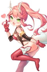 :d absurdres akimiya_yamiku azur_lane commission dragon_girl dragon_horns dragon_tail fang flat_chest gloves green_eyes heart highres horns loli long_hair looking_at_viewer nipples no_shoes open_mouth pink_hair pixiv_commission ponytail red_gloves red_thighhighs ryuujou_(azur_lane) simple_background smile tail thighhighs white_background