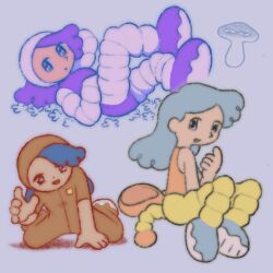 1girl blue_hair highres hood jumpsuit lying mushroom on_back original plastiboo purple_hair smile tank_top