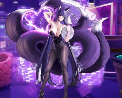 1girl absurdly_long_hair absurdres animal_ear_fluff animal_ears arm_behind_head armpits azur_lane bare_shoulders black_leotard black_pantyhose black_shoes blush breasts cleavage fishnets fox_ears fox_girl fox_tail full_body high_heels highres holding holding_tray huge_breasts indoors kitsune kyuubi large_breasts leotard long_hair looking_at_viewer multiple_tails musashi_(azur_lane) neon_lights nontraditional_playboy_bunny pantyhose playboy_bunny proxyl purple_eyes purple_hair shoes smile solo standing strapless strapless_leotard tail thighs tray very_long_hair yellow_eyes
