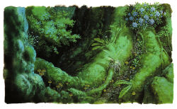 border flower foliage green_theme highres mononoke_hime moss mushroom night no_humans official_art oga_kazuo outdoors painting_(medium) plant_roots scan scenery still_life third-party_source traditional_media tree white_border