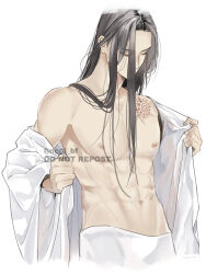 Rule 34 | 1boy, abs, bare pectorals, bishounen, black hair, chest tattoo, closed eyes, hair over mouth, highres, lan wangji, long hair, male focus, modao zushi, muscular, muscular male, navel, nipples, off shoulder, open clothes, open robe, pants, pectorals, robe, robe partially removed, simple background, solo, tattoo, toned, toned male, topless male, twitter username, undressing, upper body, white background, white pants, white robe, ykmr (haga)