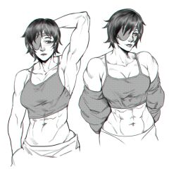 1girl abs absurdres arm_behind_head armpits az_ciam black_hair blush breasts chainsaw_man cleavage eyepatch highres himeno_(chainsaw_man) looking_to_the_side medium_breasts muscular muscular_female short_hair simple_background solo sweat tank_top undressing