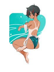 1girl ass barefoot black_hair blush dark-skinned_female dark_skin feet highres looking_at_viewer multicolored_hair one-piece_swimsuit parted_lips qiu_shu short_hair soles streaked_hair swimsuit tan tanline toes topless_female unworn_swimsuit wet yellow_eyes