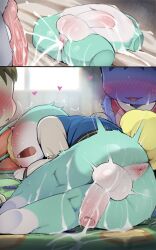1girl 3boys :&lt; aftersex animal_crossing animal_penis anus artificial_vagina ass bed blue_hair blush blush_stickers bottomless buck_teeth cum cum_in_ass cum_on_body dagasi ejaculation excessive_cum eyelashes facial fang_(animal_crossing) foreskin furry heart highres huge_penis indoors jacket knotted_penis large_penis looking_at_another lying marshal_(animal_crossing) multiple_boys naughty_face nintendo nipples on_side open_mouth penis perineum phimosis rabbit_ears rabbit_tail rosie_(animal_crossing) sasha_(animal_crossing) sex_toy sweat teeth thick_thighs thighs trap uncensored window yaoi