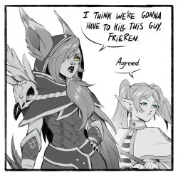 2girls animal_ears capelet earrings elf english_text facial_mark frieren green_(greeniris) green_eyes hair_over_one_eye highres hood i_think_we&#039;re_gonna_have_to_kill_this_guy_steven_(meme) jewelry league_of_legends long_hair long_sleeves meme monochrome multiple_girls pointy_ears simple_background sousou_no_frieren spot_color teeth twintails white_background xayah yellow_eyes