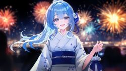 1girl absurdres aerial_fireworks bbeedol blue_eyes blue_hair blurry blurry_background commission fireworks highres japanese_clothes kimono kinchaku long_hair long_sleeves looking_at_viewer obi open_mouth original ponytail pouch sash second-party_source smile solo upper_body white_kimono wide_sleeves yukata yuksi_(yuksi)