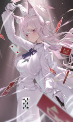 1girl absurdres akira_(blue_archive) animal_ear_fluff animal_ears belt black_bow black_bowtie black_choker blue_archive bow bowtie breasts card choker coat coat_on_shoulders colored_eyelashes commentary_request formal_clothes hair_between_eyes halo hand_on_cane high-waist_pants highres long_hair long_sleeves looking_at_viewer medium_breasts pants phantom_thief pink_hair puffy_long_sleeves puffy_sleeves renge_(730) shirt sidelocks smile solo suit white_belt white_coat white_hair white_pants white_shirt white_suit
