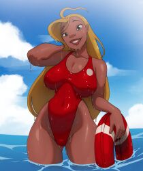 1girl absurdres ahoge barefoot blonde_hair breasts cleavage coolerinker curvy dark-skinned_female dark_skin green_eyes hand_in_own_hair highleg highleg_leotard highleg_one-piece_swimsuit highres large_breasts leotard lifeguard lifeguard_(lilo_&amp;_stitch) lilo_&amp;_stitch long_hair looking_at_viewer ocean one-piece_swimsuit outdoors parted_lips red_one-piece_swimsuit shiny_skin standing swimsuit thick_thighs thighs thong_one-piece_swimsuit water wet wide_hips