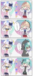 1boy 2girls 4koma :3 absurdres animal_ears bad_id bad_pixiv_id black_dress blonde_hair blue_hair bow cat_ears cat_girl chainsaw comic dog_hair_ornament double_w dress flying_sweatdrops green_eyes green_hair hair_bow hair_ornament highres hololive indie_virtual_youtuber inuyama_tamaki lab_coat multiple_girls nikahoshikuzu noripro one_eye_closed open_mouth pleated_skirt red_eyes school_uniform serafuku shaded_face shigure_ui_(vtuber) skirt smile thighhighs trap two_side_up uruha_rushia virtual_youtuber w yellow_eyes zettai_ryouiki