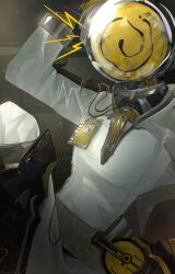 1boy arm_up black_boots black_gloves boots feet_out_of_frame ferrofluid fishbowl_helmet gloves hand_up highres id_card jumpsuit knee_up lightning_bolt_symbol male_focus miki_(mangoose_e) object_head reverse:1999 sitting solo ulrich_(reverse:1999) white_jumpsuit