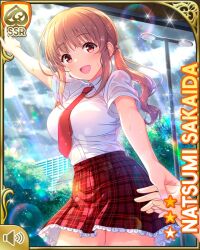 1girl :d breasts brown_hair card_(medium) day female_focus girlfriend_(kari) large_breasts long_hair official_art open_mouth outdoors plaid_clothes plaid_skirt pointing pointing_up qp:flapper rain red_eyes red_skirt sakaida_natsumi school_uniform shirt shoes skirt sky smile socks solo standing sunlight tagme white_shirt