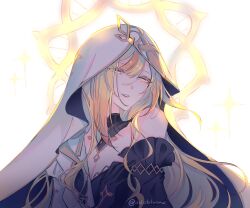 1girl absurdres adoblvone asymmetrical_sleeves black_choker black_dress blonde_hair breasts choker double_helix dress genshin_impact heterochromia highres long_hair rhinedottir_(genshin_impact) simple_background smile solo symbol-shaped_pupils upper_body very_long_hair