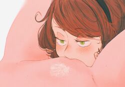 Rule 34 | 2girls, asimov (spindle (aidenr0)), black hairband, blush, brown hair, close-up, commentary, cunnilingus, english commentary, female pubic hair, green eyes, groin, hairband, half-closed eyes, head between thighs, highres, multiple girls, oral, original, ottilie (spindle (aidenr0)), pubic hair, simple background, sparse pubic hair, spindle (aidenr0), thighs, white background, white pubic hair, yuri
