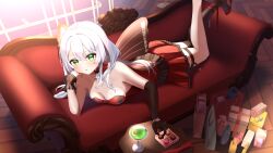 1girl absurdres bag black_gloves black_thighhighs box breasts cherry chocolate cleavage collar commission couch detached_collar dress fairy fairy_wings food frilled_dress frills fruit gift gift_box gloves green_eyes highres indie_virtual_youtuber martini mole mole_on_shoulder on_couch red_collar red_dress red_shoes rinrin_suzu shoes shopping_bag single_glove single_thighhigh skeb_commission solo thigh_strap thighhighs toketa_neko virtual_youtuber wings