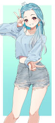1girl blue_hair blue_shirt border braid creature_on_head denim denim_shorts dot_nose double_v earrings feet_out_of_frame gradient_hair grin highres jewelry long_hair looking_at_viewer midriff_peek multicolored_hair multiple_necklaces multiple_rings outside_border red_eyes ring shiranami_ramune shiranami_ramune_(4th_costume) shirt shorts simple_background single_earring smile solo standing streaked_hair syurimp torn_clothes torn_shorts v virtual_youtuber vspo! white_border
